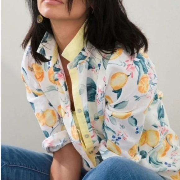 Chico’s 100% Linen Lemon Citrus Button Up Blouse Size 00 (US 2) - Picture 1 of 12